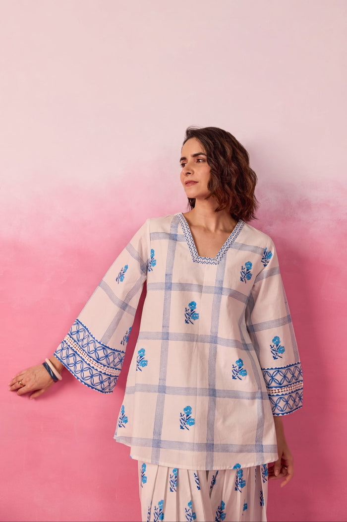 White & Blue Check Floral Hand Block Printed Co-ord Set - Tara-C-Tara