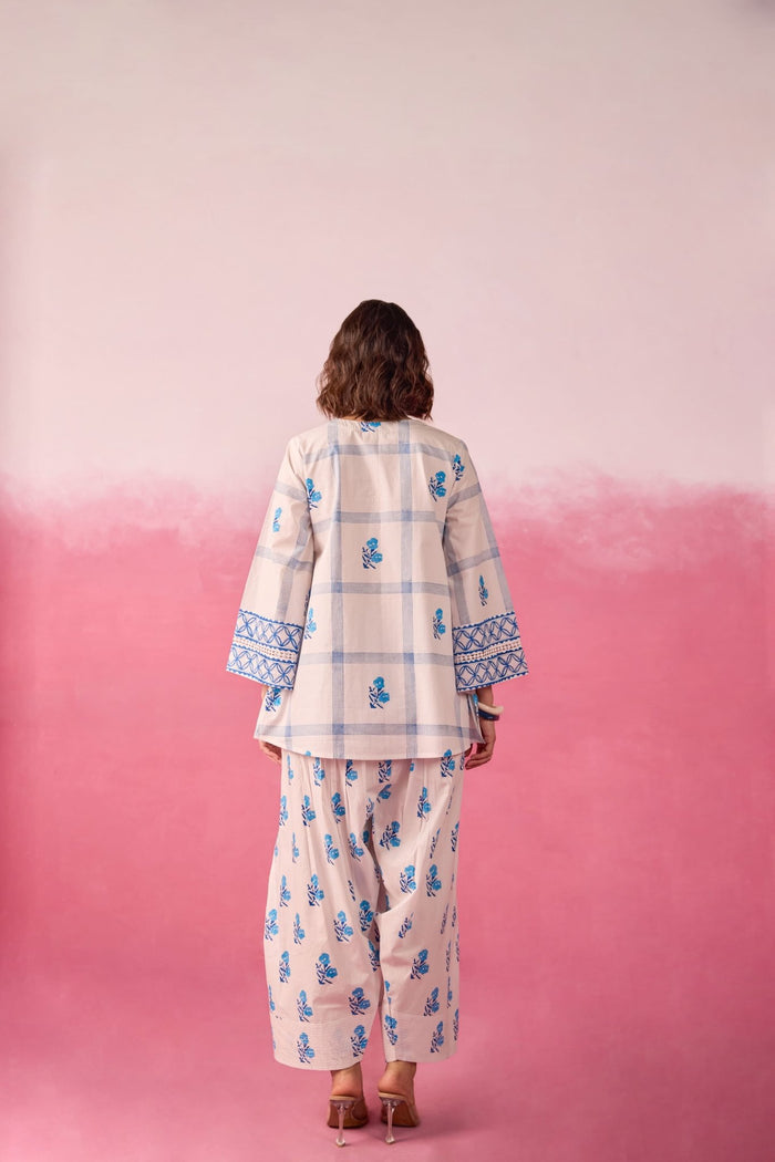 White & Blue Check Floral Hand Block Printed Co-ord Set - Tara-C-Tara