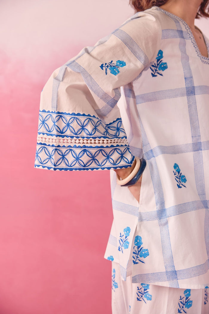 White & Blue Check Floral Hand Block Printed Co-ord Set - Tara-C-Tara