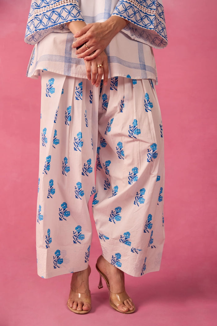 White & Blue Check Floral Hand Block Printed Co-ord Set - Tara-C-Tara