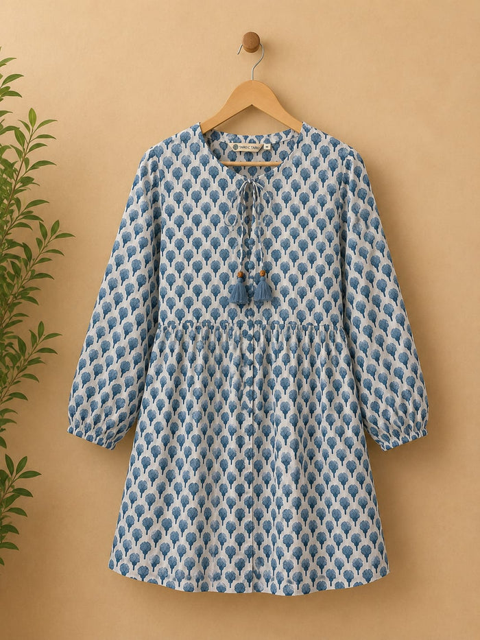 White & Blue Flower Motif Block Print Peplum Top - Tara-C-Tara
