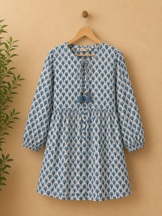 White & Blue Flower Motif Block Print Peplum Top - Tara-C-Tara