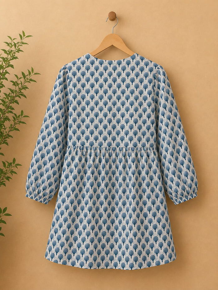 White & Blue Flower Motif Block Print Peplum Top - Tara-C-Tara