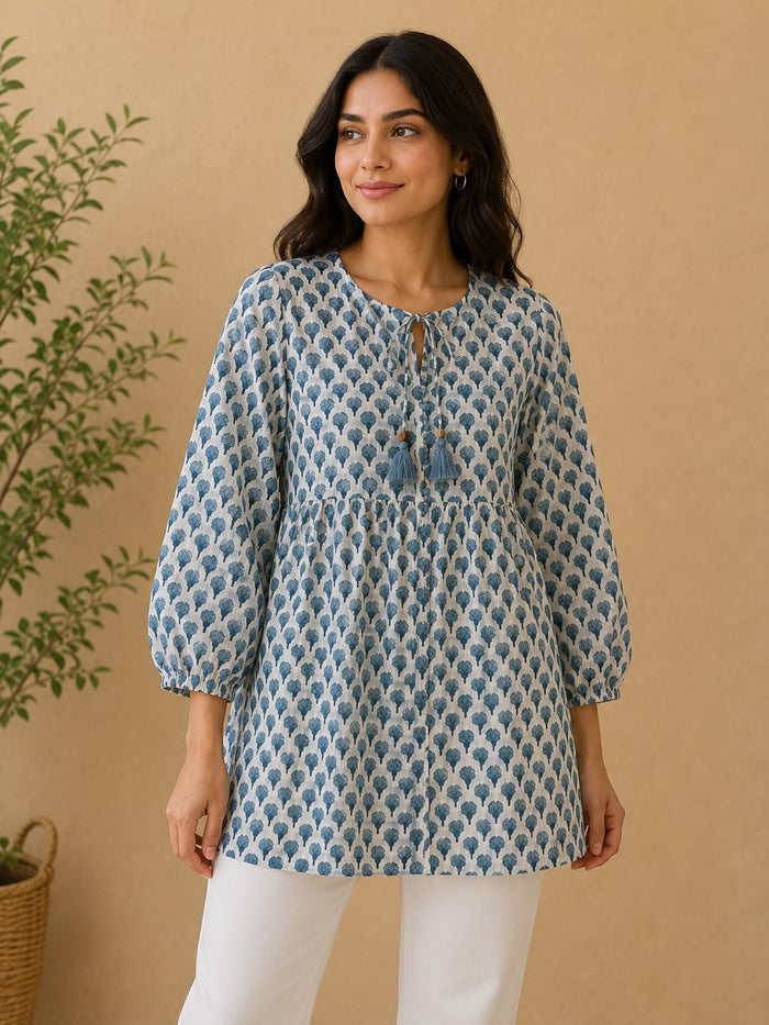 White & Blue Flower Motif Block Print Peplum Top - Tara-C-Tara
