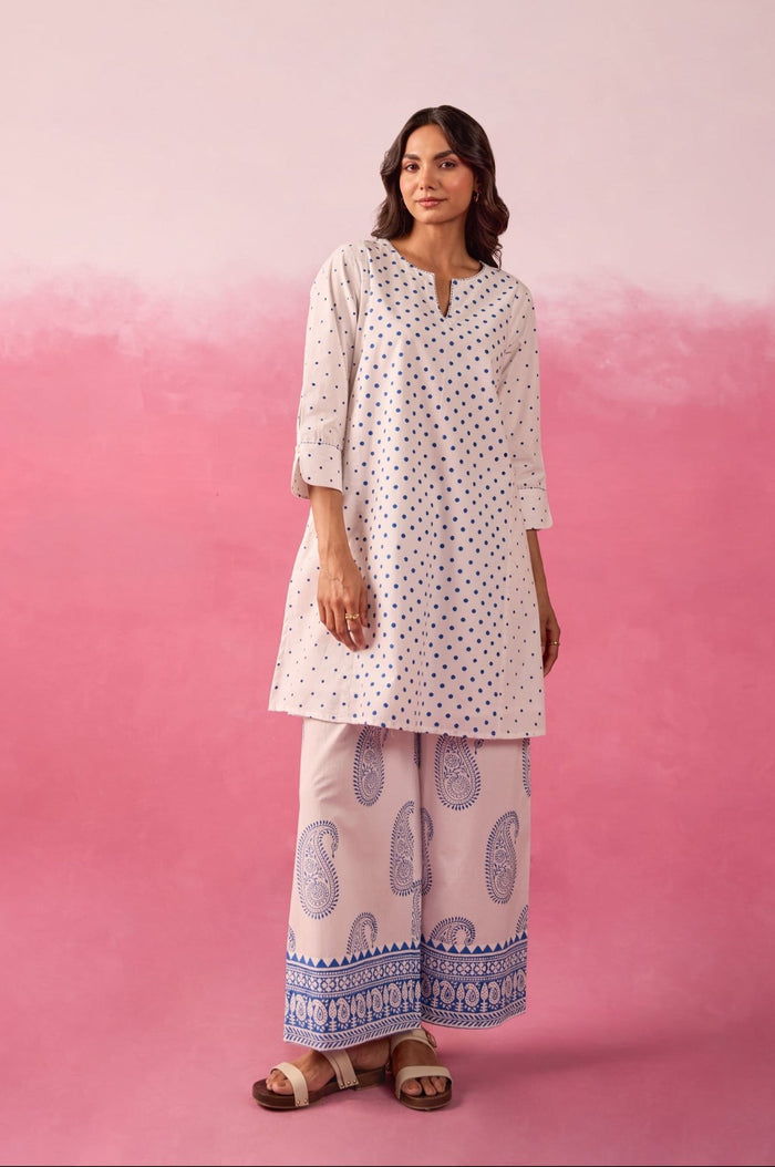 White & Blue Polka Dot & Paisley Hand Block Printed Co-ord Set - Tara-C-Tara