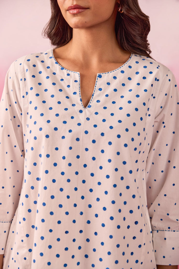 White & Blue Polka Dot & Paisley Hand Block Printed Co-ord Set - Tara-C-Tara
