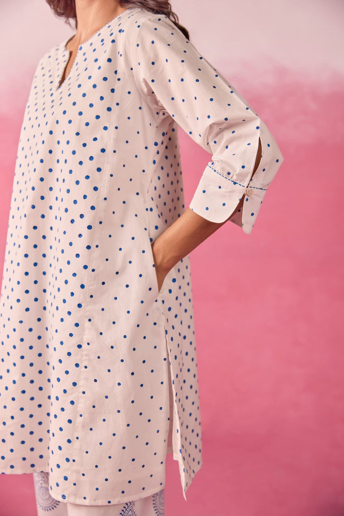 White & Blue Polka Dot & Paisley Hand Block Printed Co-ord Set - Tara-C-Tara