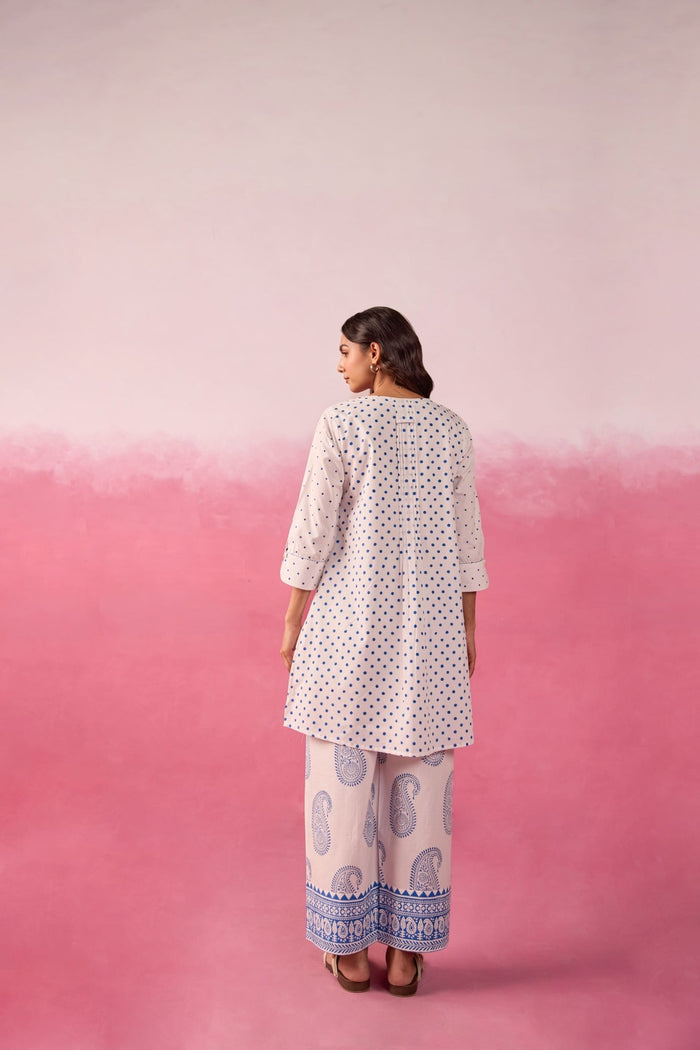 White & Blue Polka Dot & Paisley Hand Block Printed Co-ord Set - Tara-C-Tara