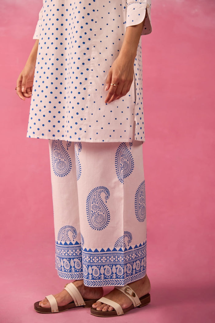 White & Blue Polka Dot & Paisley Hand Block Printed Co-ord Set - Tara-C-Tara