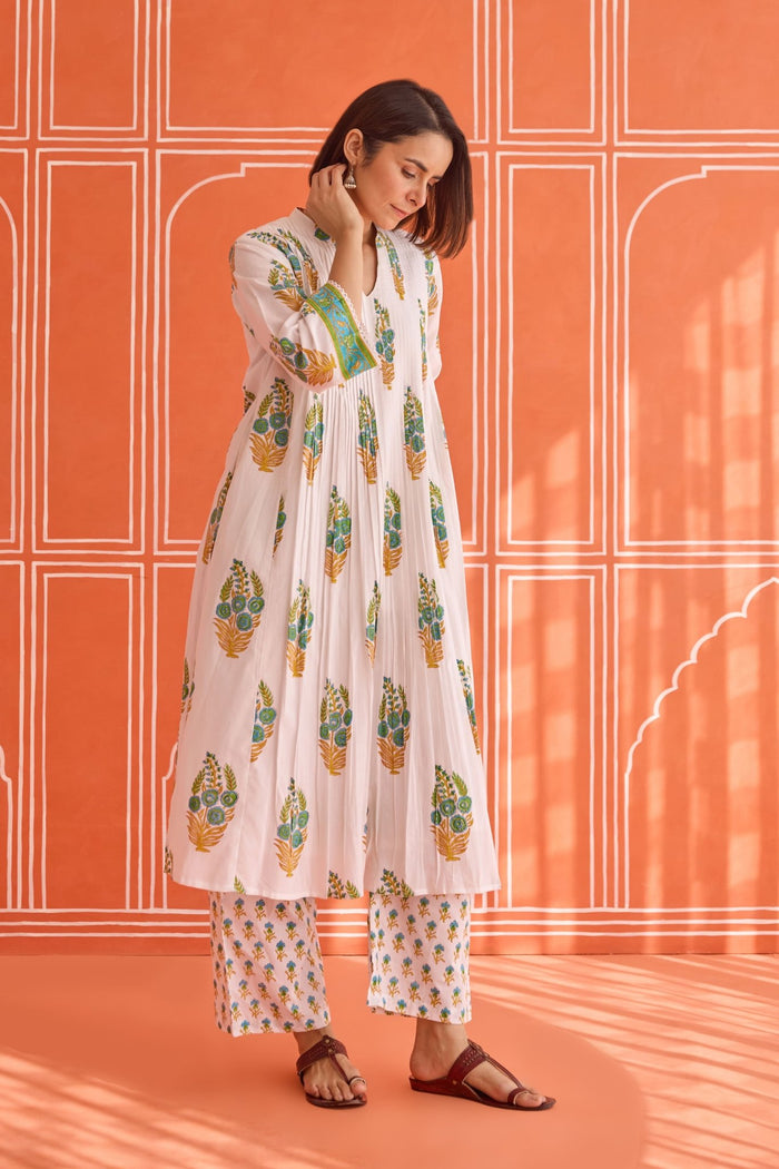 White Floral Green Hand Block Printed Co-ord Set - Tara-C-Tara
