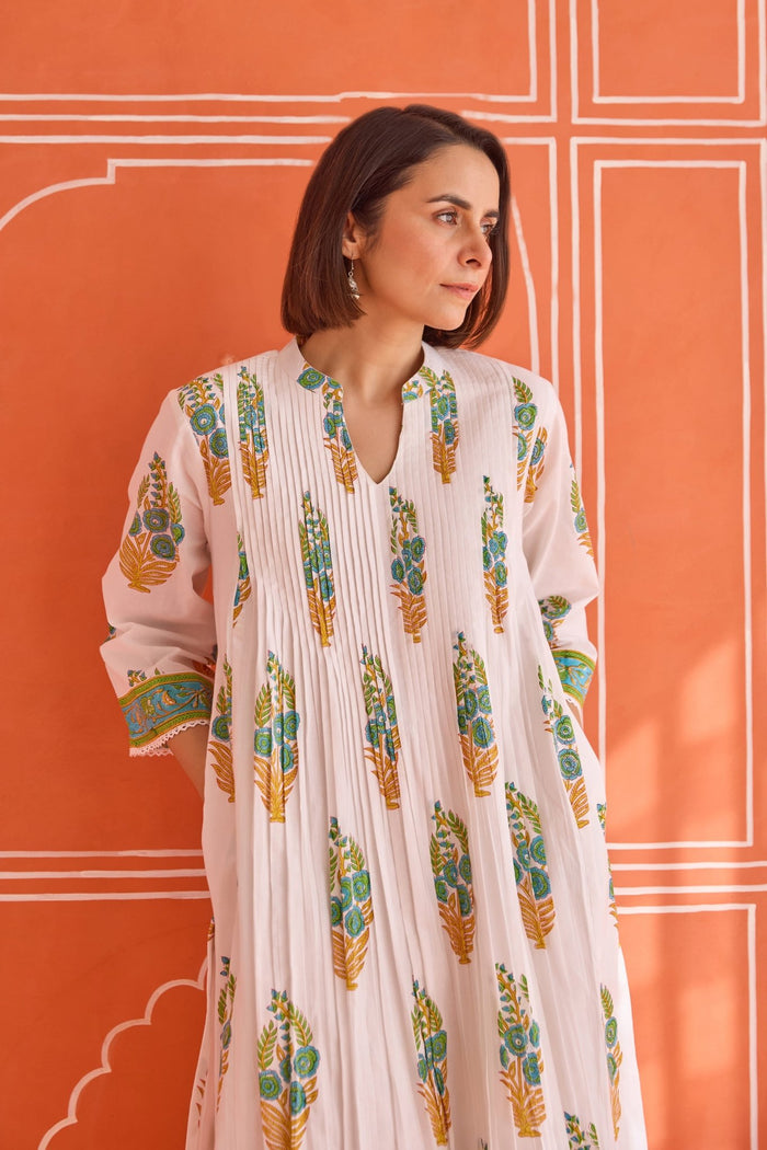 White Floral Green Hand Block Printed Co-ord Set - Tara-C-Tara