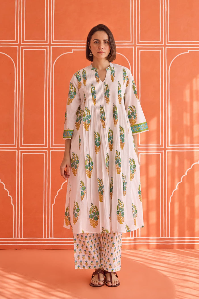 White Floral Green Hand Block Printed Co-ord Set - Tara-C-Tara