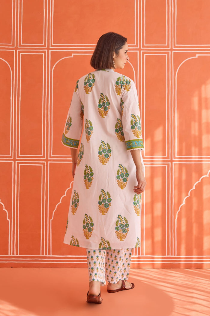 White Floral Green Hand Block Printed Co-ord Set - Tara-C-Tara