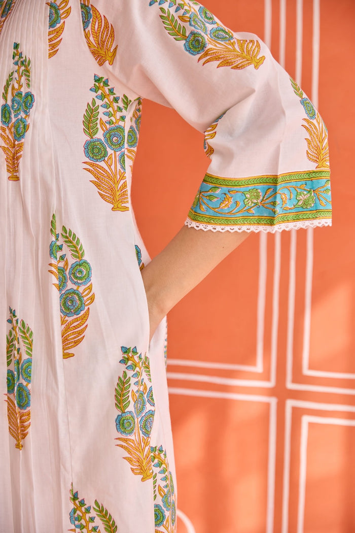 White Floral Green Hand Block Printed Co-ord Set - Tara-C-Tara