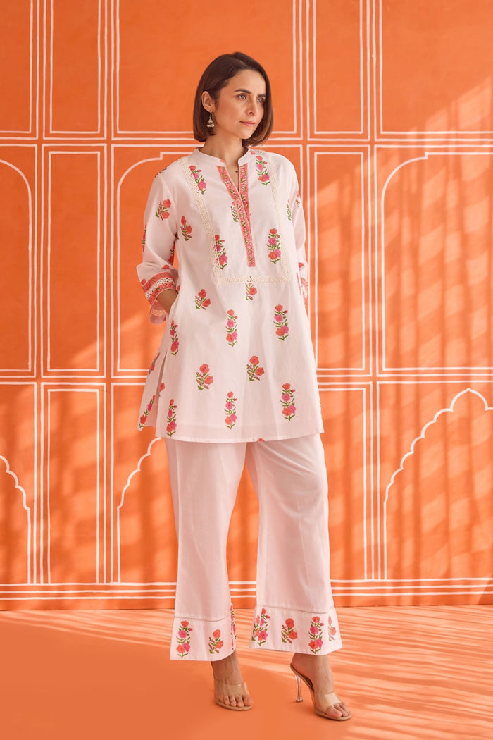 White Floral Hand Block Print Co - ord Set - Tara - C - Tara