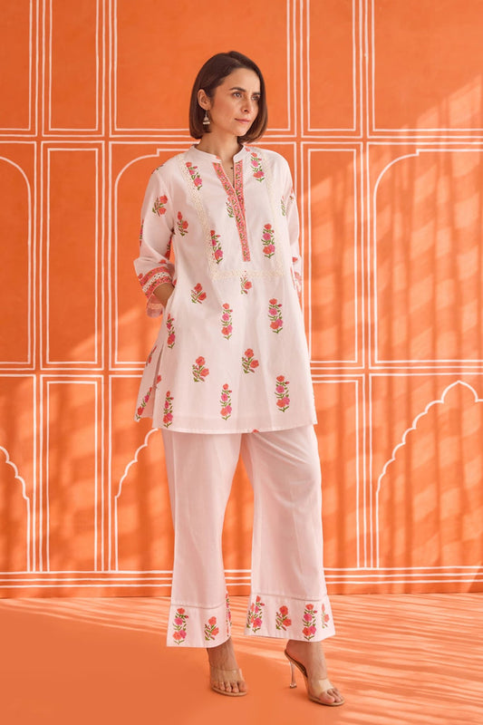 White Floral Hand Block Print Co - ord Set - Tara - C - Tara
