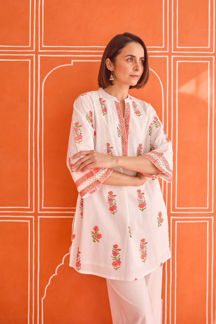 White Floral Hand Block Print Co - ord Set - Tara - C - Tara