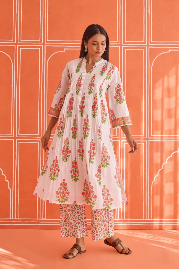 White Floral Hand Block Printed Co-ord Set - Tara-C-Tara