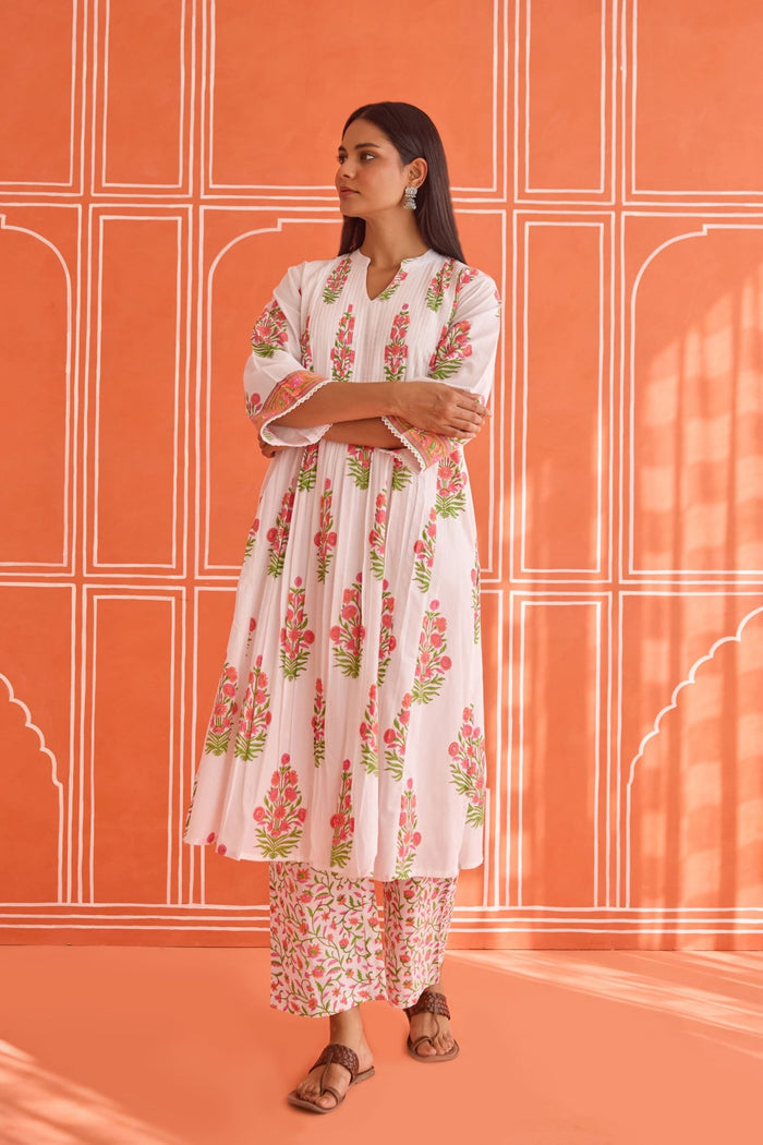 White Floral Hand Block Printed Co-ord Set - Tara-C-Tara