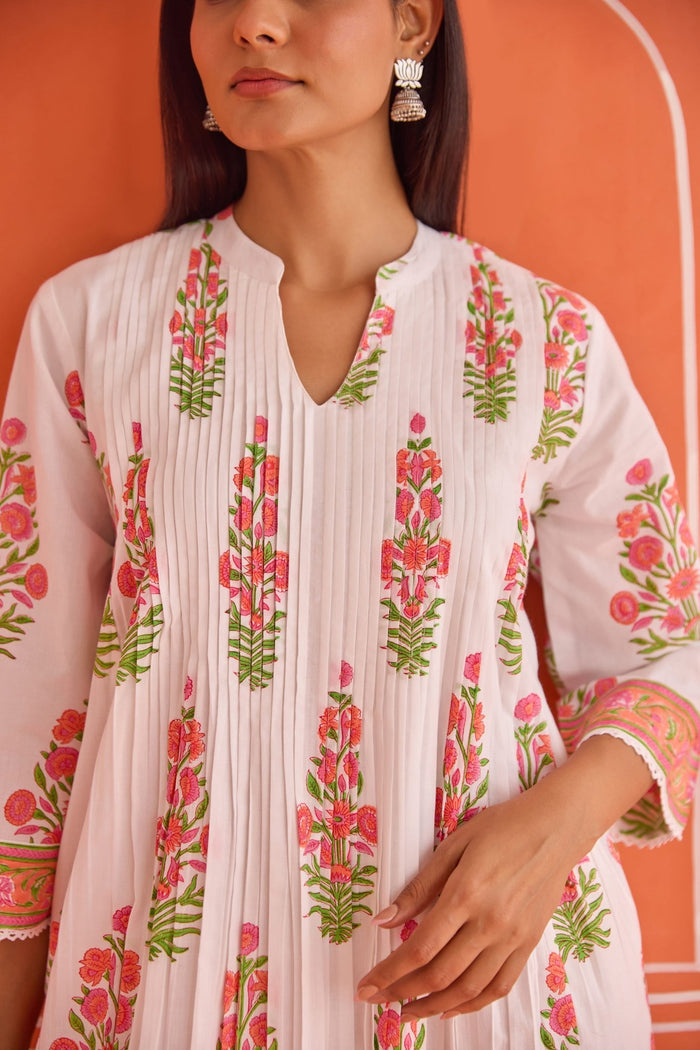 White Floral Hand Block Printed Co-ord Set - Tara-C-Tara
