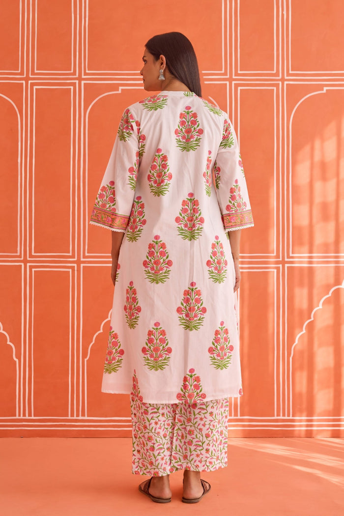 White Floral Hand Block Printed Co-ord Set - Tara-C-Tara