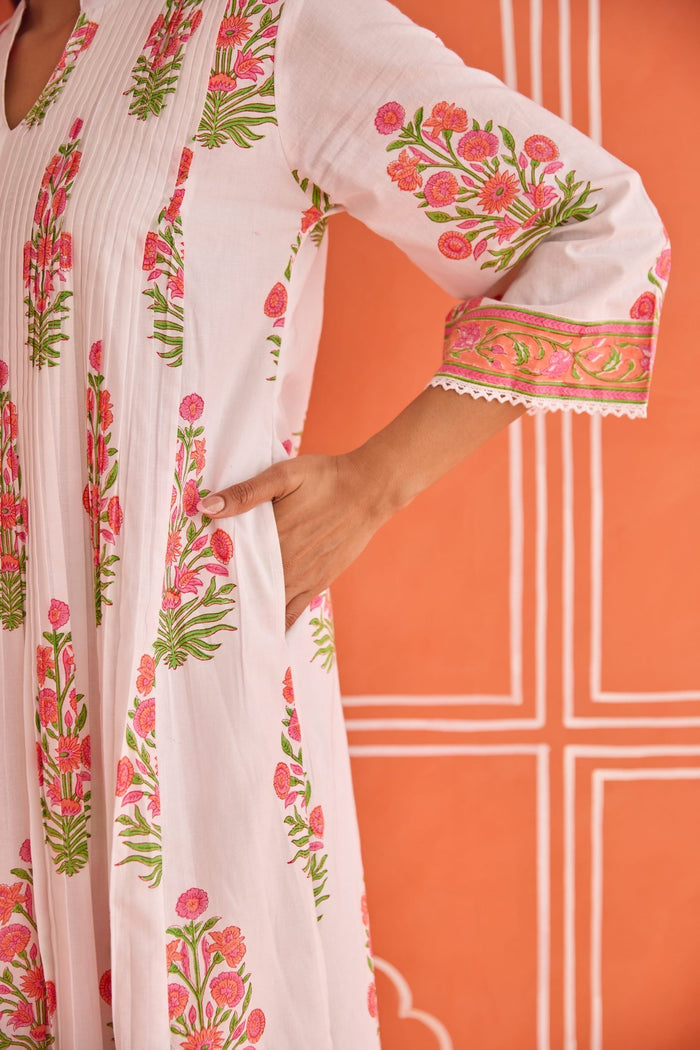 White Floral Hand Block Printed Co-ord Set - Tara-C-Tara