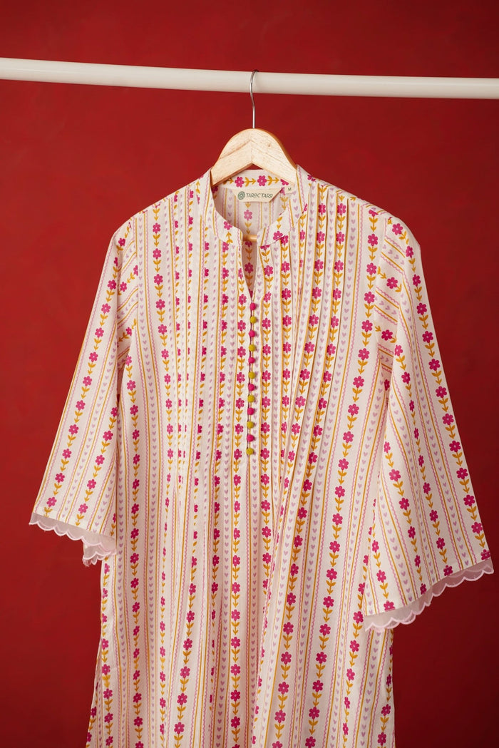 White Floral Stripe Print Kurta - Tara - C - Tara