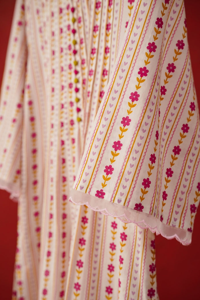 White Floral Stripe Print Kurta - Tara - C - Tara