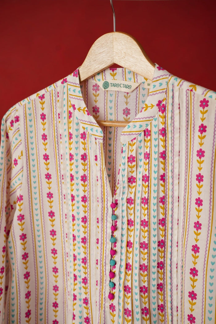 White Floral Stripe Print Kurta - Tara - C - Tara