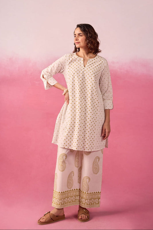 White & Gold Polka Dot & Paisley Hand Block Printed Co-ord Set - Tara-C-Tara