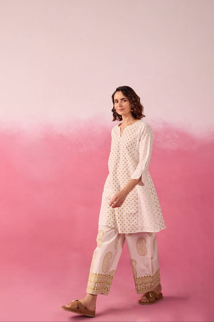 White & Gold Polka Dot & Paisley Hand Block Printed Co-ord Set - Tara-C-Tara
