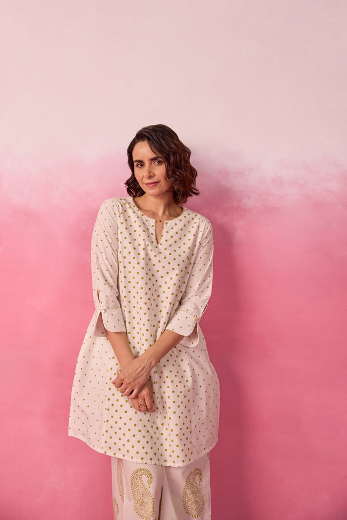 White & Gold Polka Dot & Paisley Hand Block Printed Co-ord Set - Tara-C-Tara