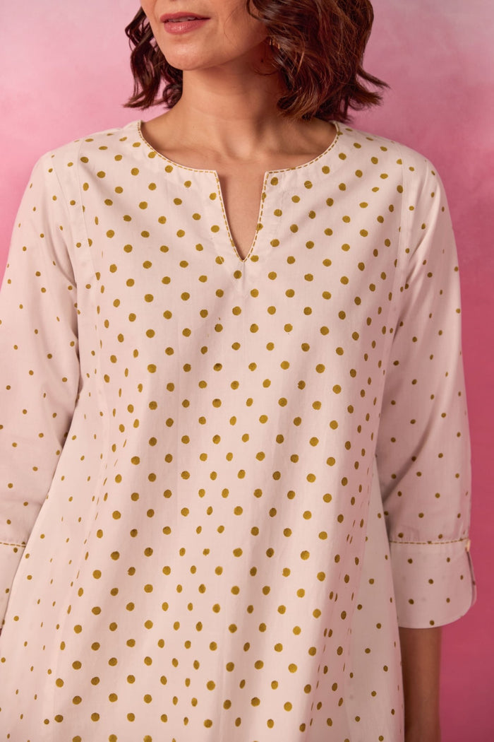 White & Gold Polka Dot & Paisley Hand Block Printed Co-ord Set - Tara-C-Tara