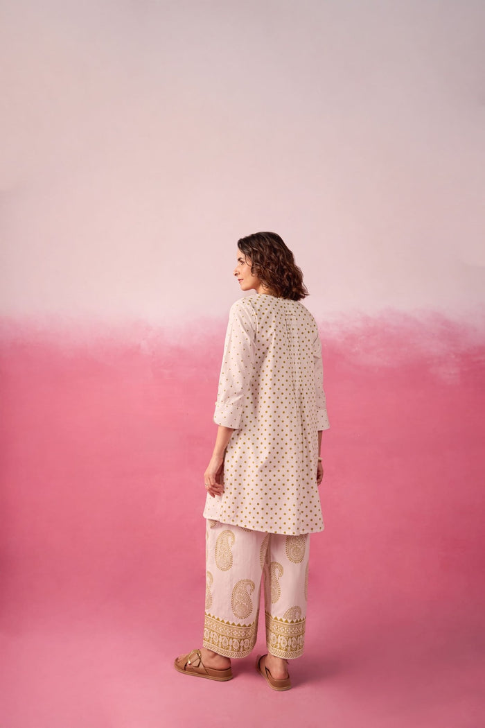 White & Gold Polka Dot & Paisley Hand Block Printed Co-ord Set - Tara-C-Tara