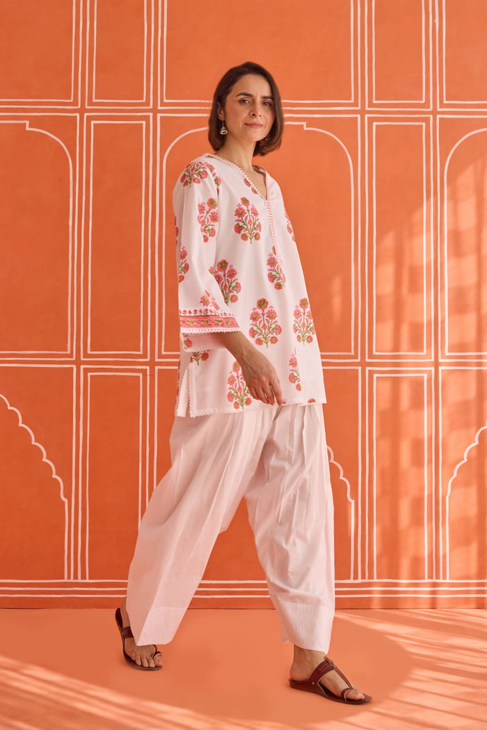 White Hand Block Printed Floral Booti Kurta & Farsi Salwar Co - ord Set - Tara - C - Tara