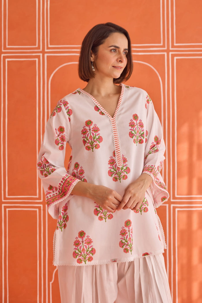 White Hand Block Printed Floral Booti Kurta & Farsi Salwar Co - ord Set - Tara - C - Tara