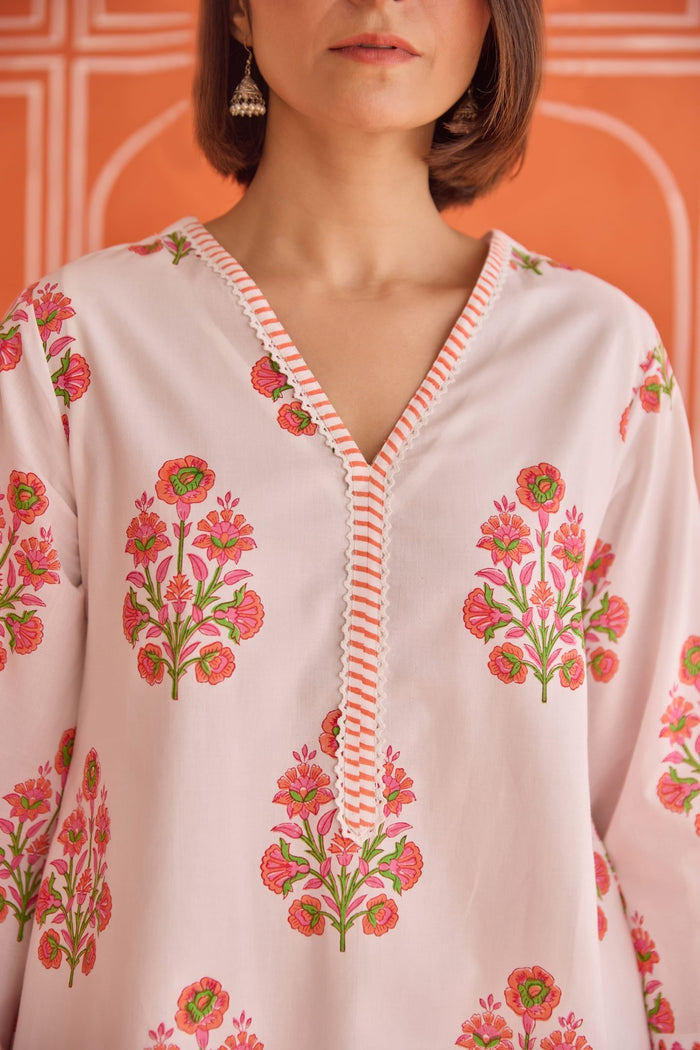 White Hand Block Printed Floral Booti Kurta & Farsi Salwar Co - ord Set - Tara - C - Tara