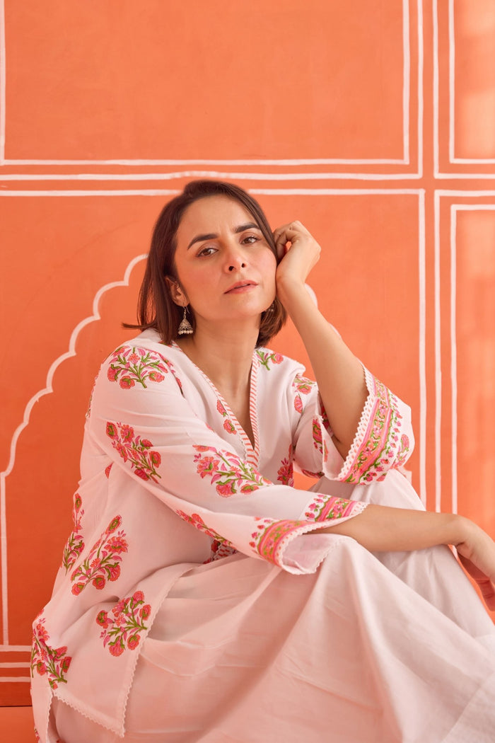White Hand Block Printed Floral Booti Kurta & Farsi Salwar Co - ord Set - Tara - C - Tara