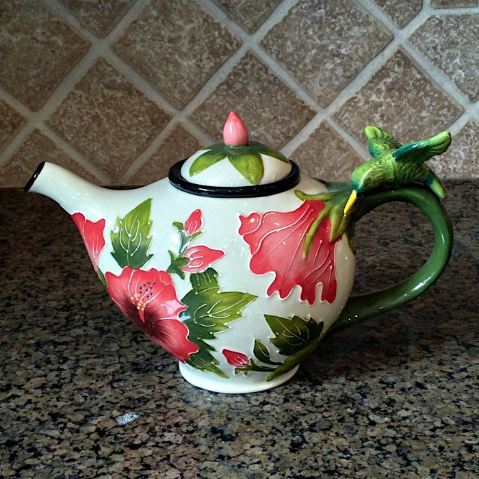 White Hibiscus Teapot Whimsical Floral Ceramic Tea Pot by Blue Sky Goldminic