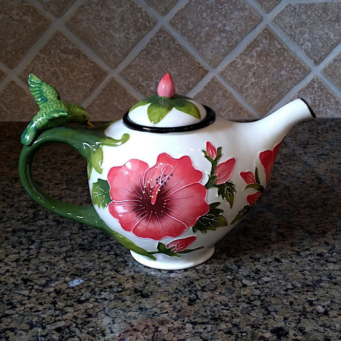 White Hibiscus Teapot Whimsical Floral Ceramic Tea Pot by Blue Sky Goldminic