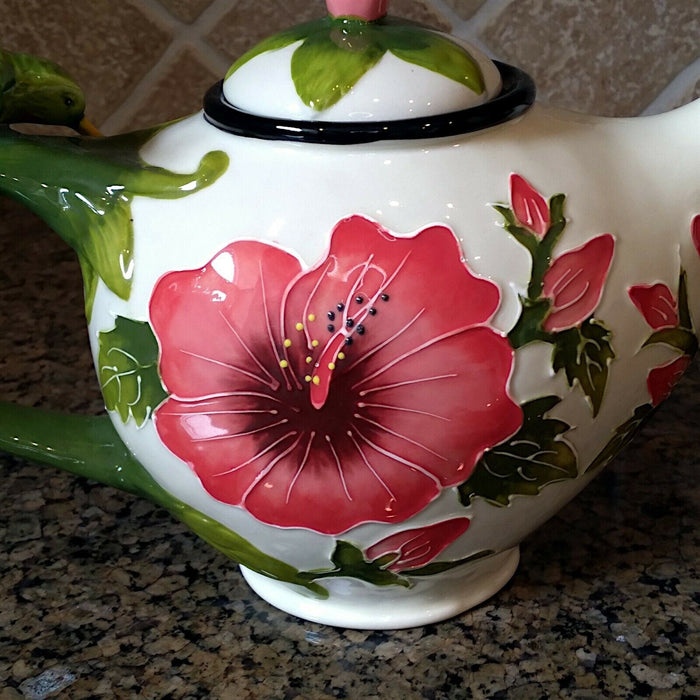 White Hibiscus Teapot Whimsical Floral Ceramic Tea Pot by Blue Sky Goldminic