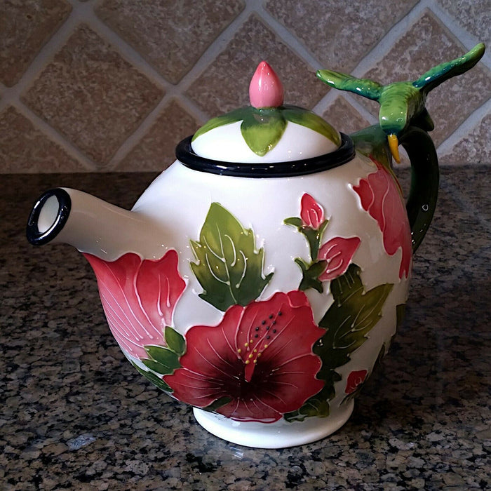 White Hibiscus Teapot Whimsical Floral Ceramic Tea Pot by Blue Sky Goldminic