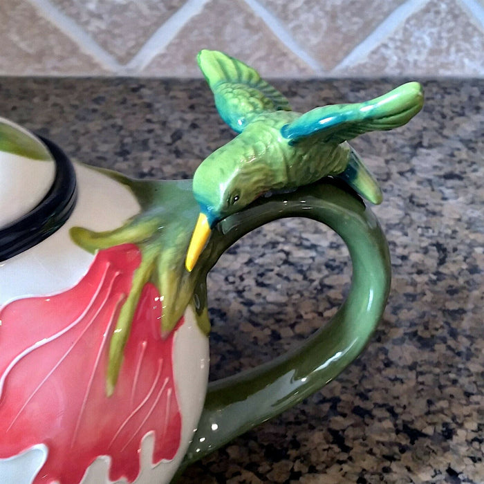 White Hibiscus Teapot Whimsical Floral Ceramic Tea Pot by Blue Sky Goldminic