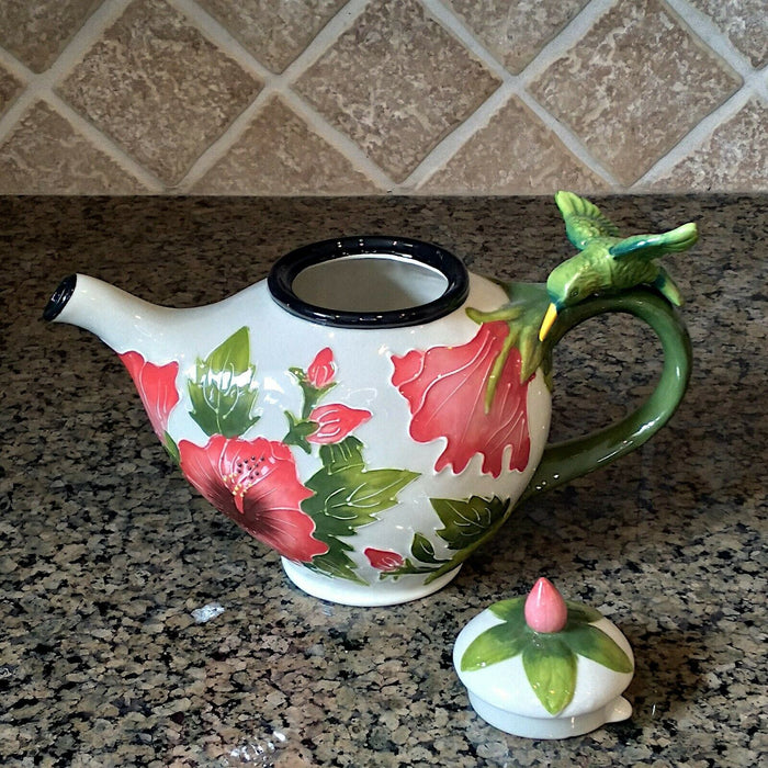 White Hibiscus Teapot Whimsical Floral Ceramic Tea Pot by Blue Sky Goldminic