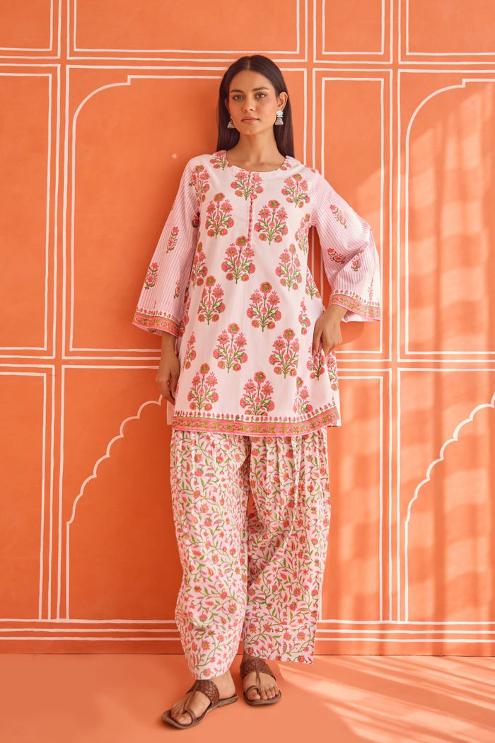 White - Pink Floral Hand bock Printed Kurta & Farsi Salwar Co - ord Set - Tara - C - Tara