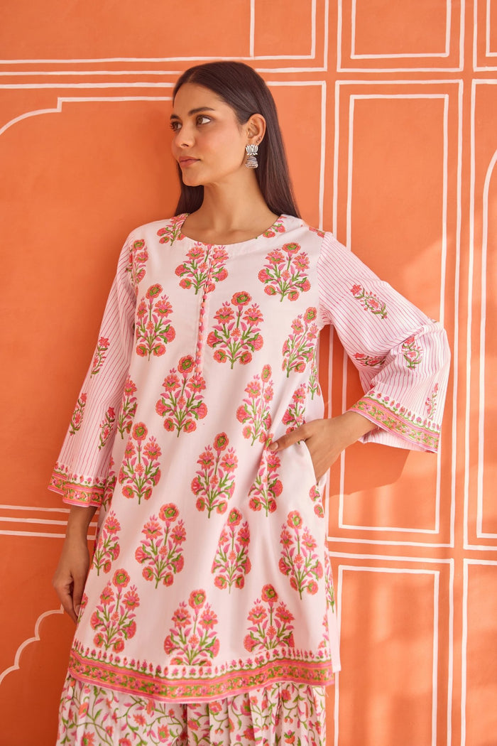 White - Pink Floral Hand bock Printed Kurta & Farsi Salwar Co - ord Set - Tara - C - Tara