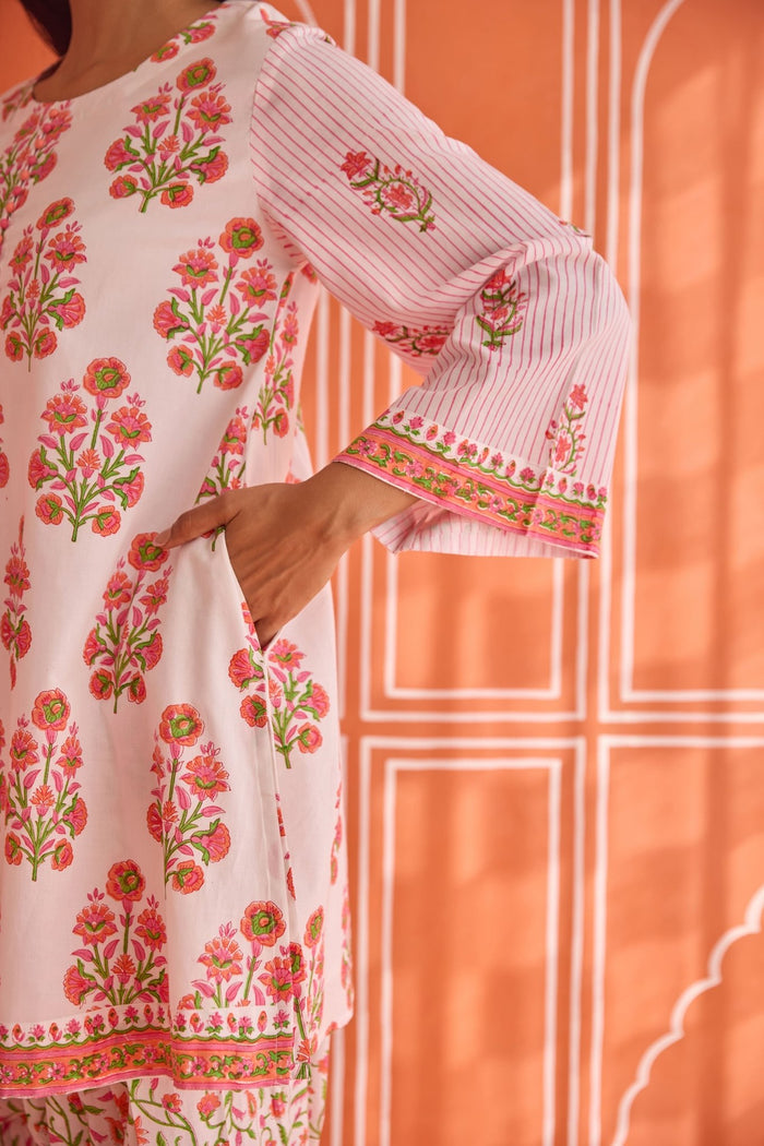 White - Pink Floral Hand bock Printed Kurta & Farsi Salwar Co - ord Set - Tara - C - Tara