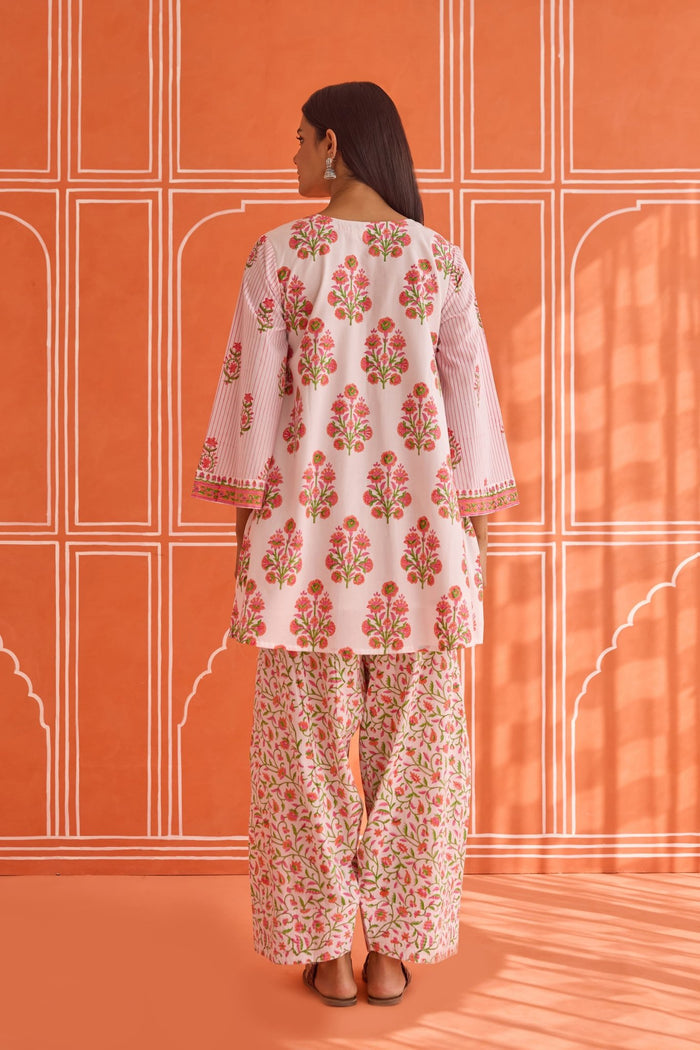 White - Pink Floral Hand bock Printed Kurta & Farsi Salwar Co - ord Set - Tara - C - Tara