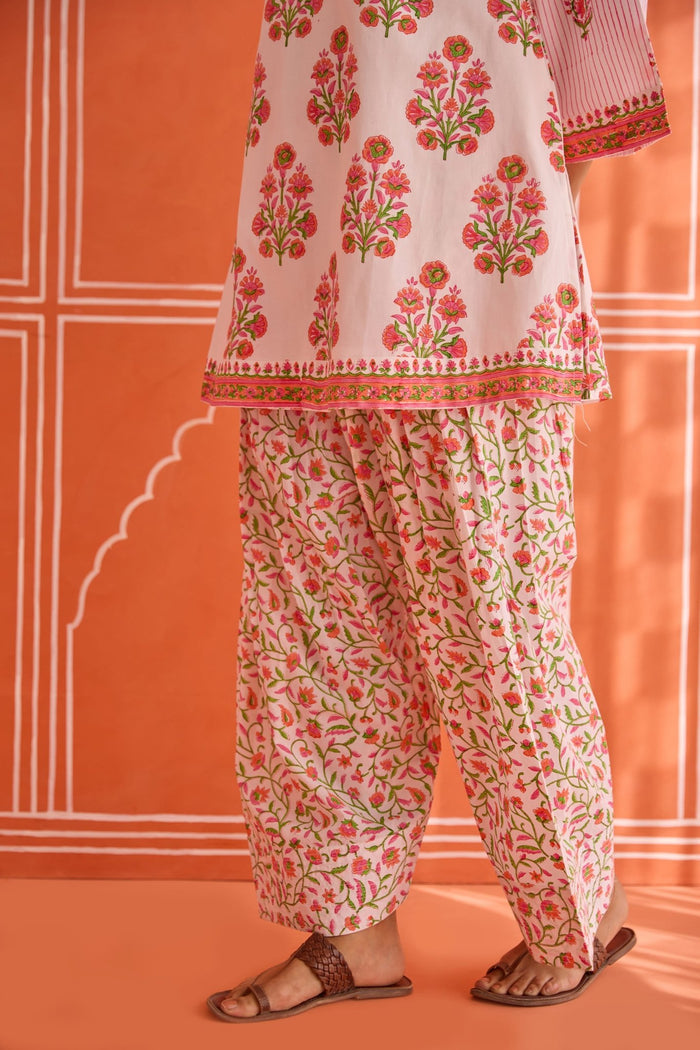 White - Pink Floral Hand bock Printed Kurta & Farsi Salwar Co - ord Set - Tara - C - Tara