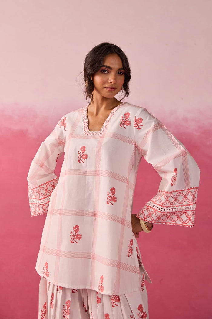 White & Red Check Floral Hand Block Printed Co-ord Set - Tara-C-Tara